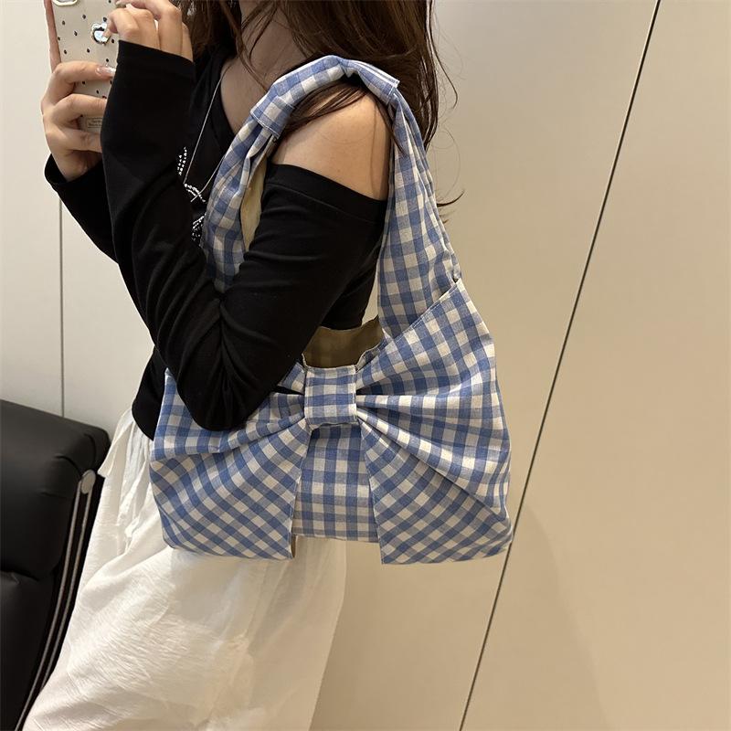 Women's Shoulder Bags Retro Bow Plaid Ladies Underarm Vest Bag Korean Style Casual Portable Female Shopping Handbags Tote Bags