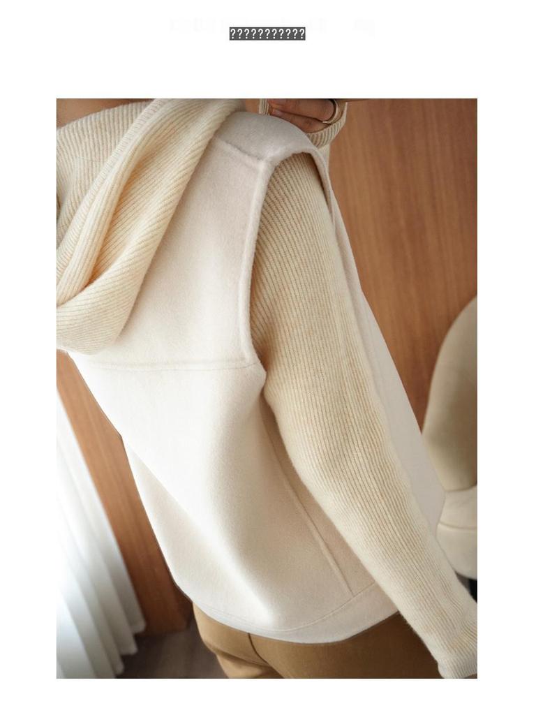 Women's Wool Blend V-Neck Vest: Petite Sleeveless Cardigan with Shoulder Pads, 100% Double-Faced Wool for Autumn & Winter.