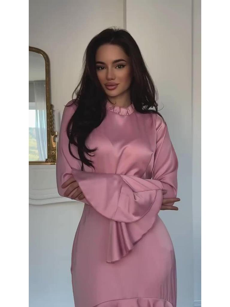 Women's Elegant Slim Fit Long Dress - 2025 European & American Style with Soft Long Sleeves