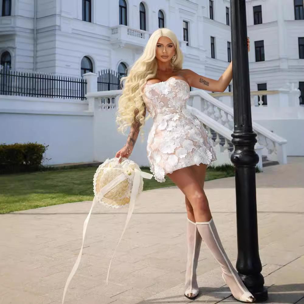 Robe de mariée européenne et américaine sexy bustier blanc broderie florale tridimensionnelle épaule dénudée jupe ajustée robe de soirée