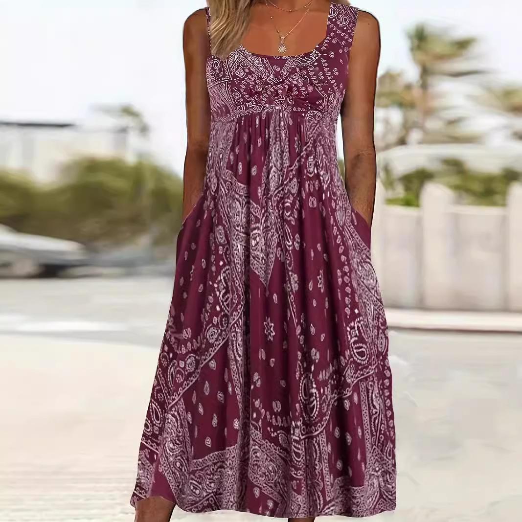 

Women s Sleeveless Paisley Print Dress with Square Neckline, Bust Gathers, and Pockets 5XL бордовий