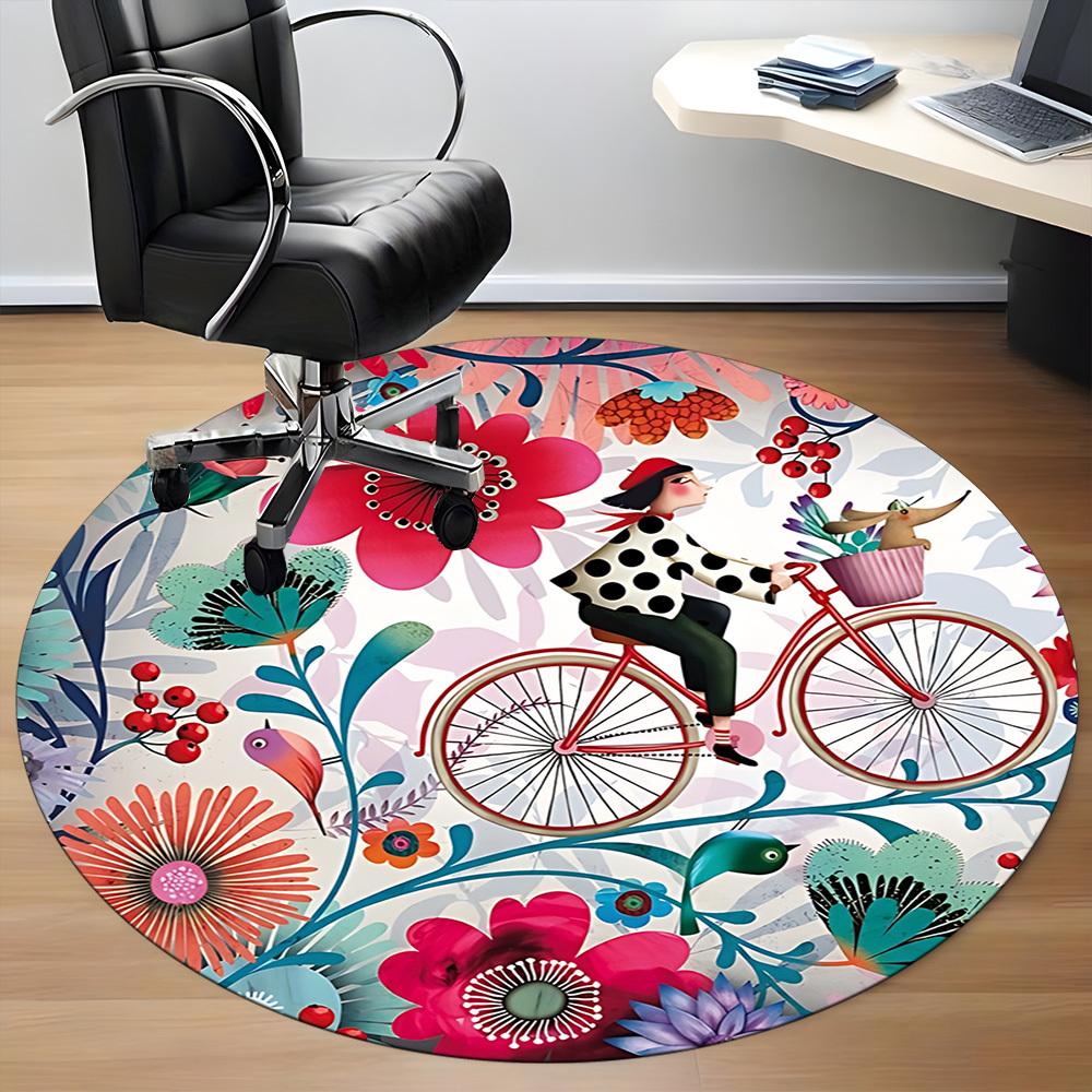 1pc Cyclist, Floral Office Round Rug, Non-slip, Soft and Durable Office Rug for Interior Decoration, Perfect for Office, Decoration yy260204005