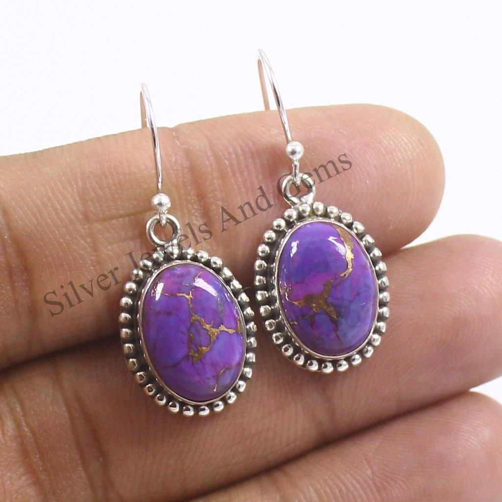 Oval Purple Copper Turquoise Earrings, 925 Sterling Silver, Handmade
