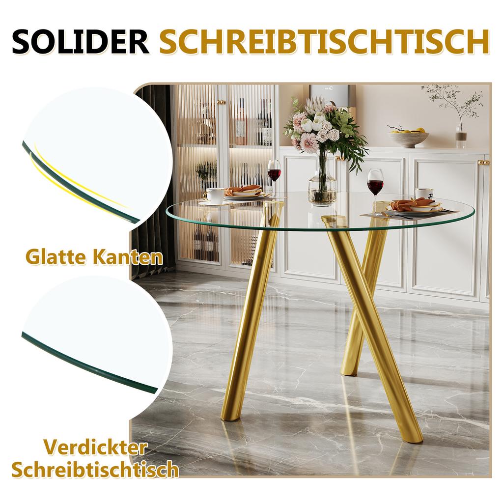 89 cm, Runder Esstisch aus gehärtetem Glas mit stabilen Beinen aus goldfarbenem Metall