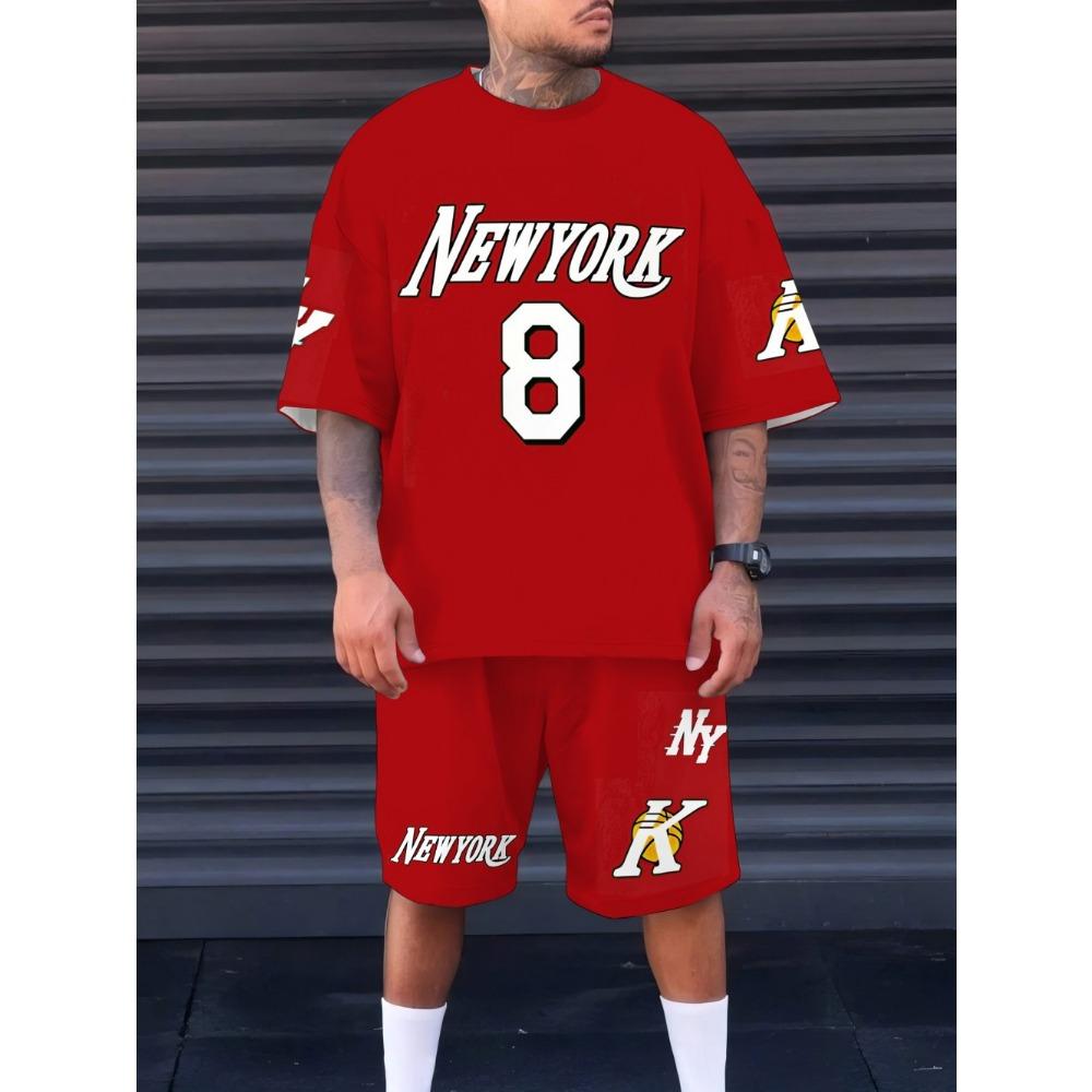 

Чоловічий літній спортивний набір з 8 предметів з принтом, дихаюча футболка з круглим вирізом, шорти, одяг для активного відпочинку 6XL