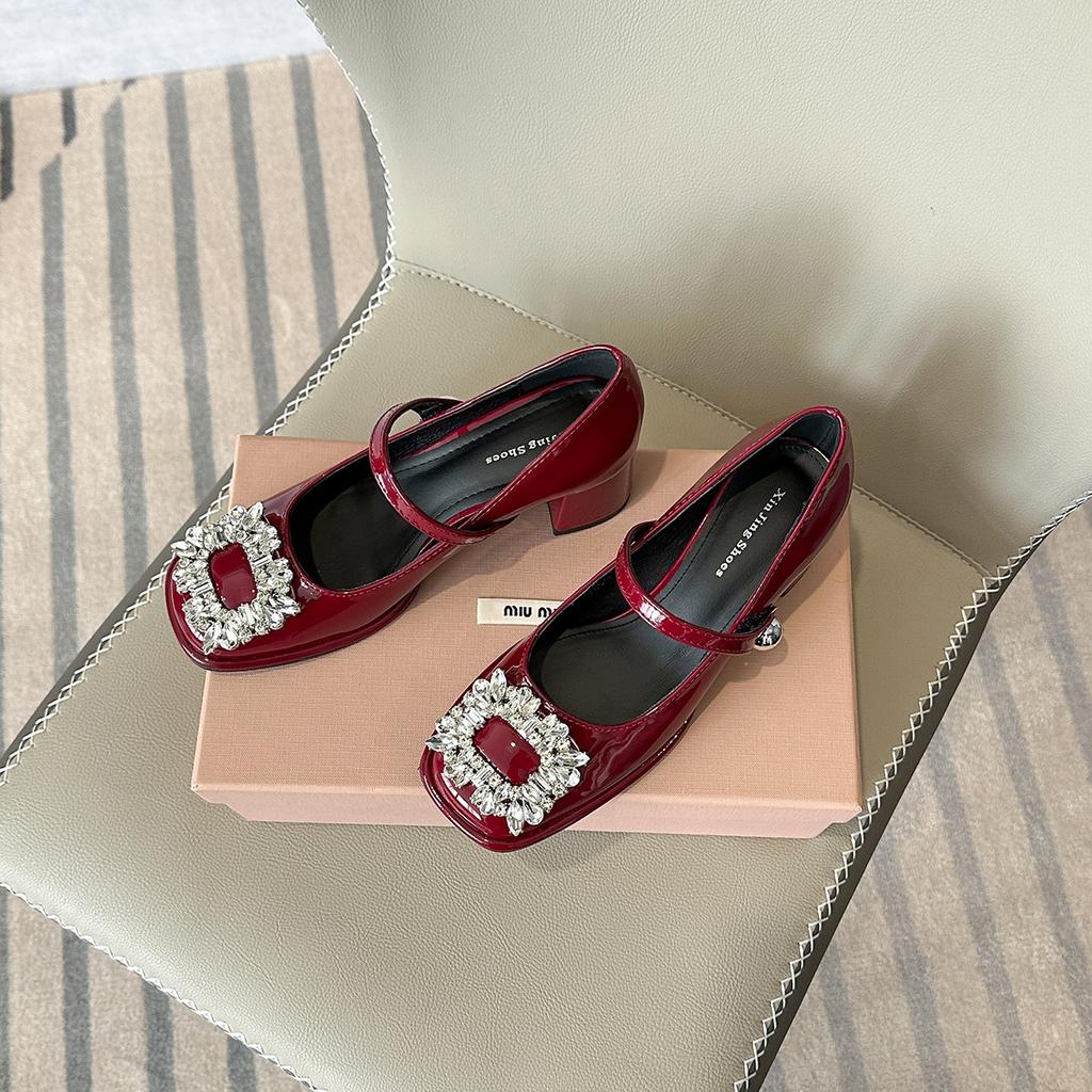 A66-1 Internet Celebrity Square Buckle Rhinestone Single Shoes Women's New French Square Head Thick Heel One-word Buckle Belt Medium Heel Mary Ja