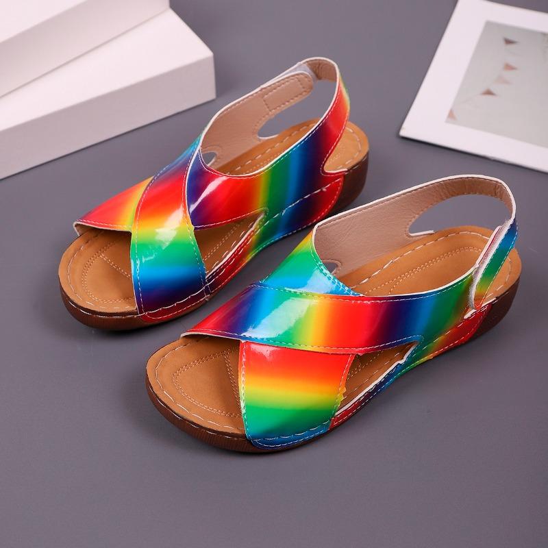 

Многоцветные римские сандалии лето новые круглый носок открытый носок перекрестные ремешки платформа нескользящие износостойкие плоская подошва 43