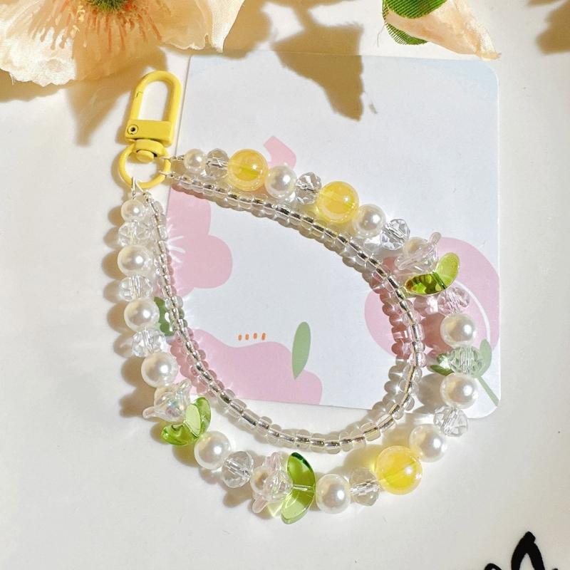 Double Layer Flower Beaded Pendant Phone Charm Hanging Rope Cute Phone Chain Strap Bag Decoration Keychain Accessories
