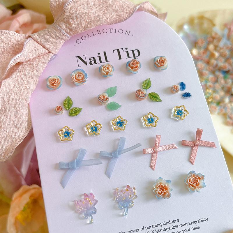 100Pcs Diy Nail Art Decor 3D Blue Pink Roses Garden Nail Drill Mixed Pearl Fabric Butterfly Knot Leaf Manicure Diamond Accessory