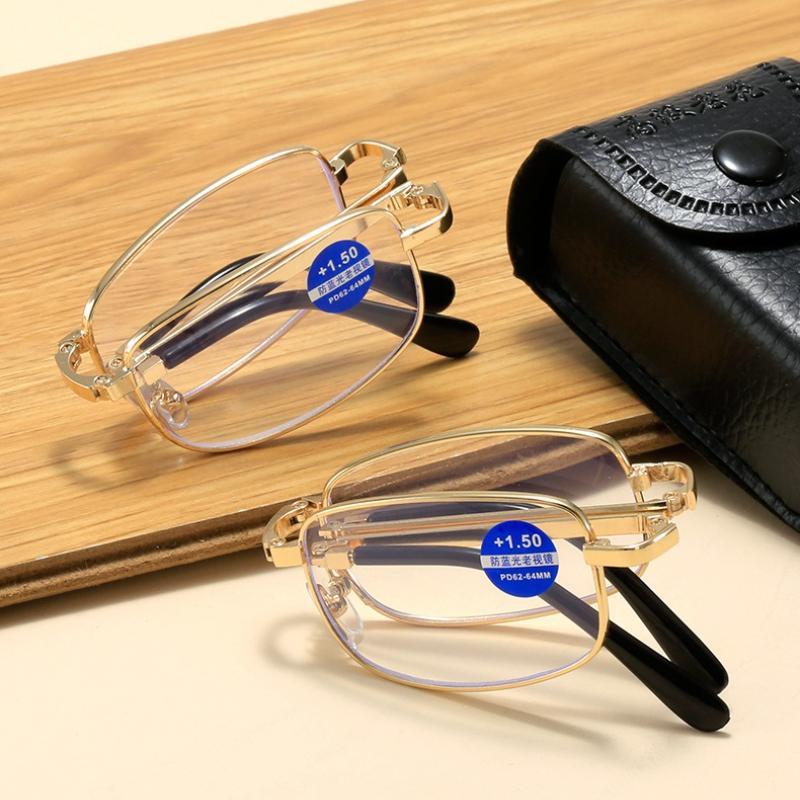Men Portable Metal Eyewear Presbyopia Anti-Blue Light Folding Reading Glasses Diopter Glasses With Leather Case +1.0 To +3.5+4.0