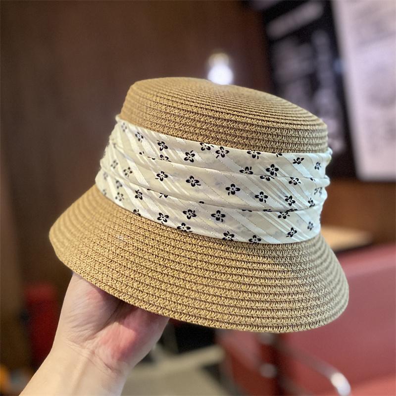 Hat women's summer straw fashion versatile bucket hat elegant flat top straw hat sunshade sunscreen basin hat