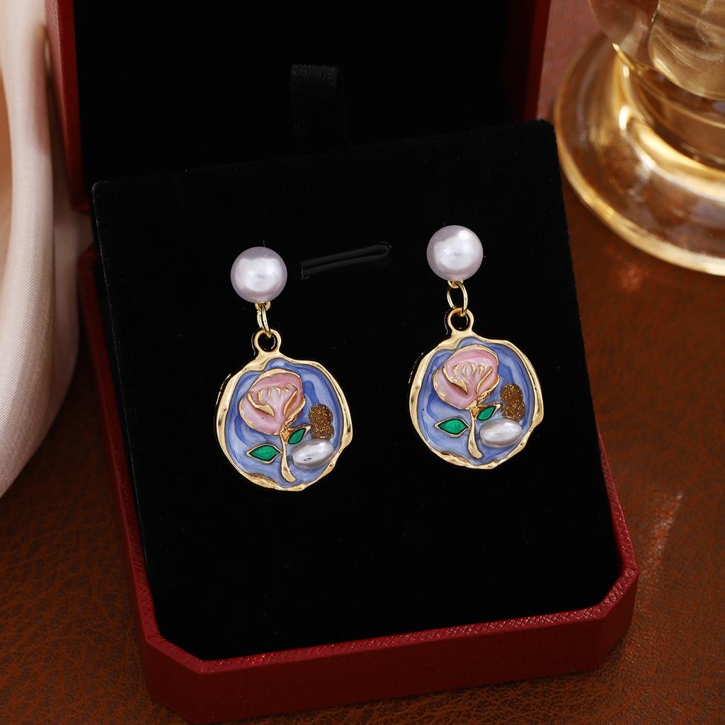 1Pair Fresh and sweet-tempered earrings - Monet Garden French Drop Oil Three-Dimensional Flower Earrings
