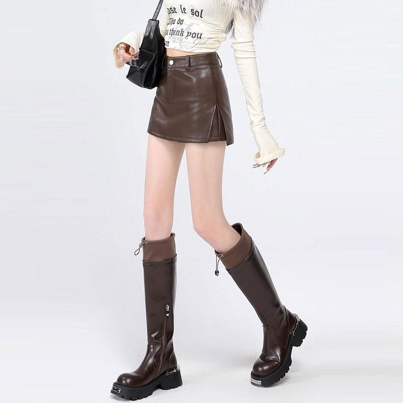 Women's Pu Leather Skirt Y2k High Waist Slit A-line Shorts Mini Skirt Slim Fit Female Clothing Autumn Winter