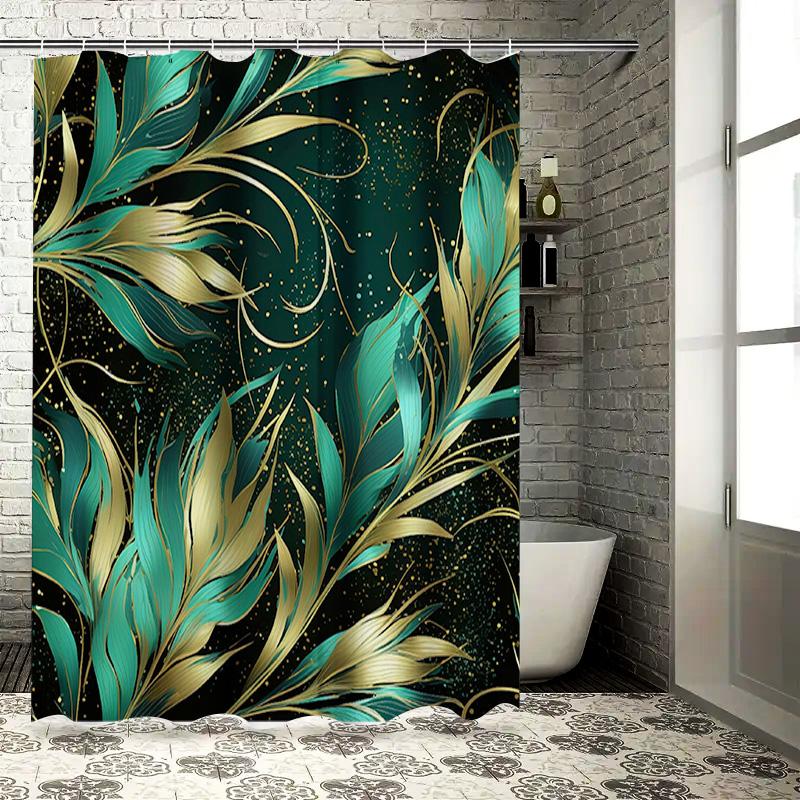 Green Gold Shower Curtain Luxurious Feather Pattern Decorative Fabric Bath Accessories Modern Bathroom Home Improvement Decorati