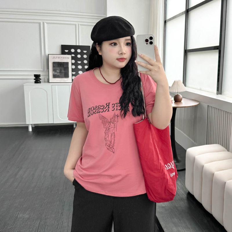 

Plus size women clothing [Ice Porcelain T] Contrast Color Foam Letters Print Short sleeve T-shirt Summer Chubby Girl Belly Covering Slimming Top Plum Red-T-Shirt 7xl