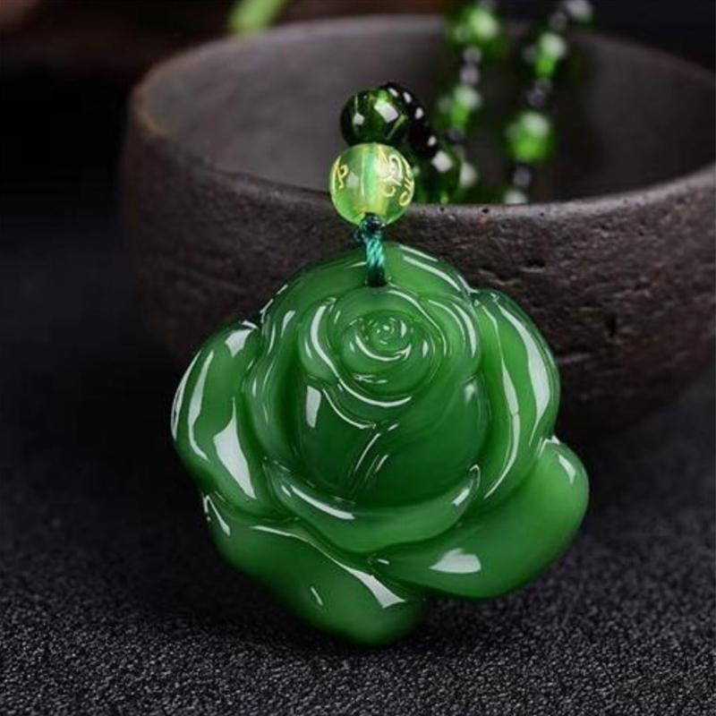 Natural Green Chinese Agate Dragon Rose Pendant Jade Necklace  Charm Jewelry Carved Blessing Amulet Gifts For Women Men