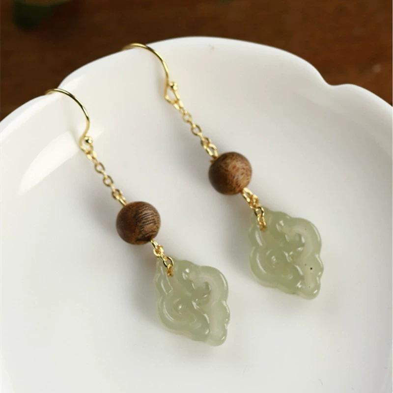 Handmade Chinese-Style Hetian Jade & Agarwood Earrings with Ear Hooks - Versatile Design for Women