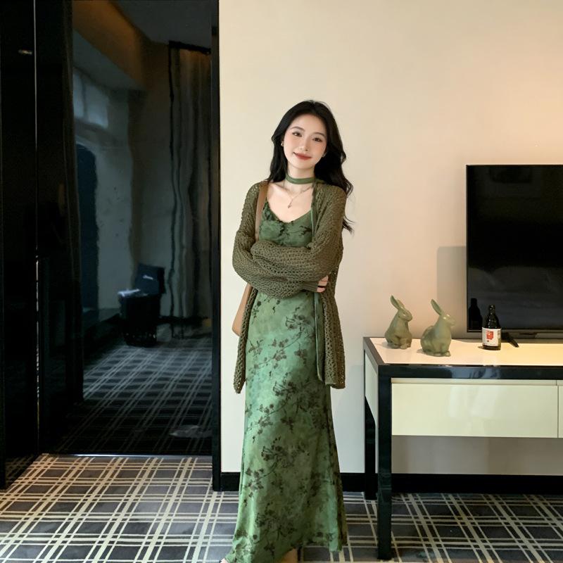New French high-end green floral suspender dress children's clothing early spring popular atmosphere trendy