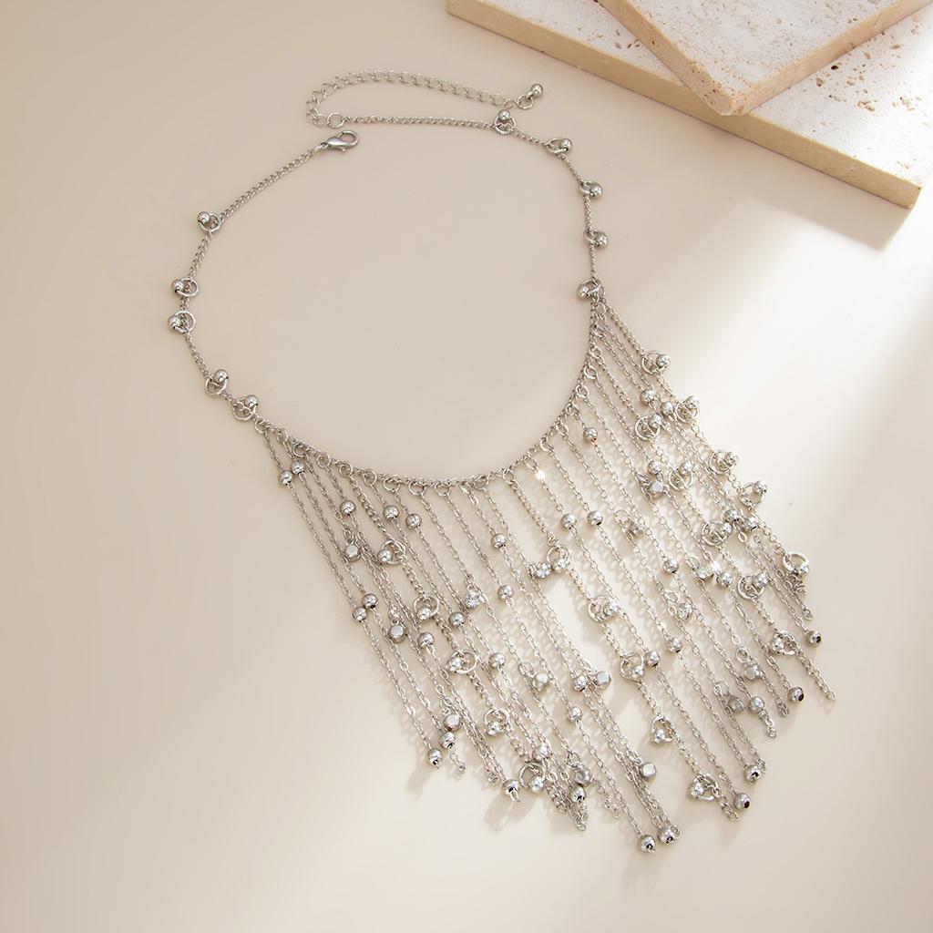 Waterfall Metal Bead Chain Fringed Necklace, Hip-Hop Fashion Rhinestone Hanging Ball Collarbone Necklace