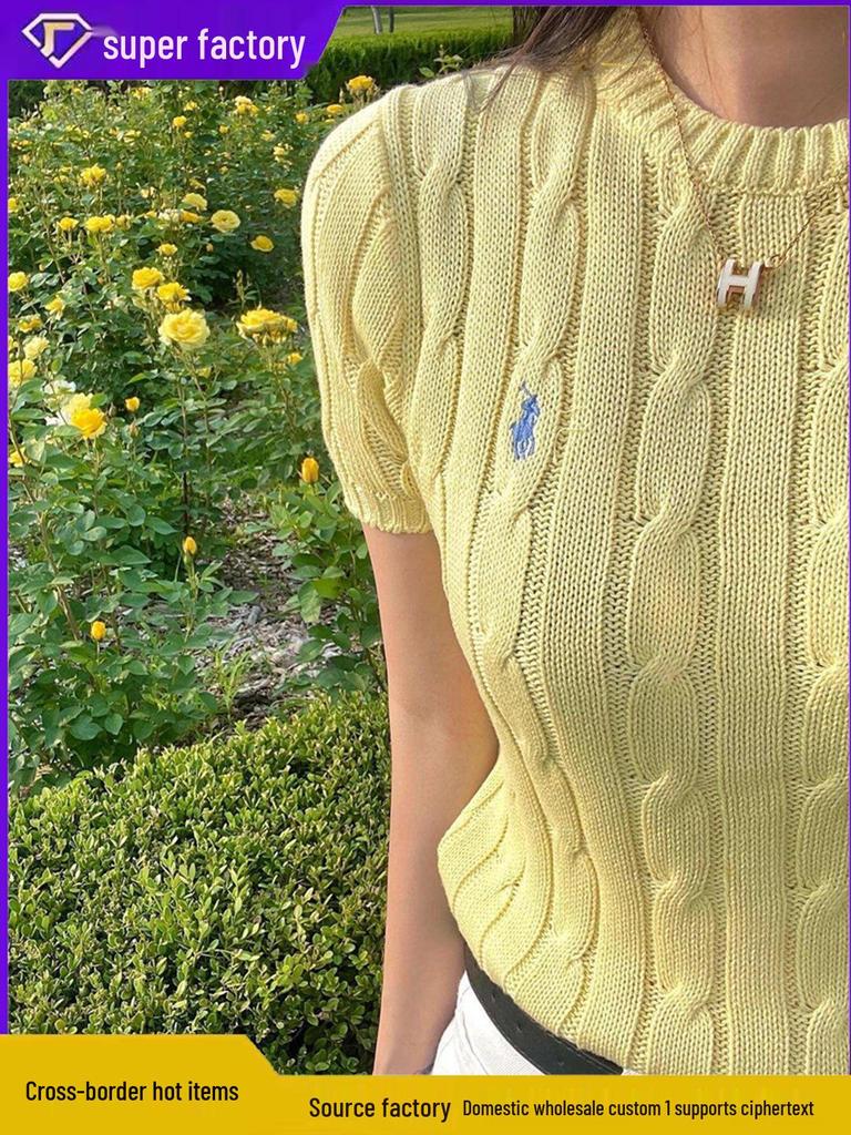 Ralph Lauren Classic Cable Knit Cotton T-shirt with Small Pony Logo, Round Neck, Short Sleeve Pullover.