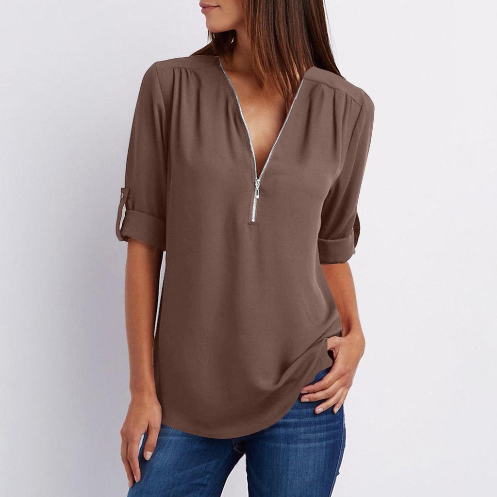 Women's Color Casual Fashion V-neck Zipper Long Sleeved Loose Chiffon Top With Adjustable Sleeves