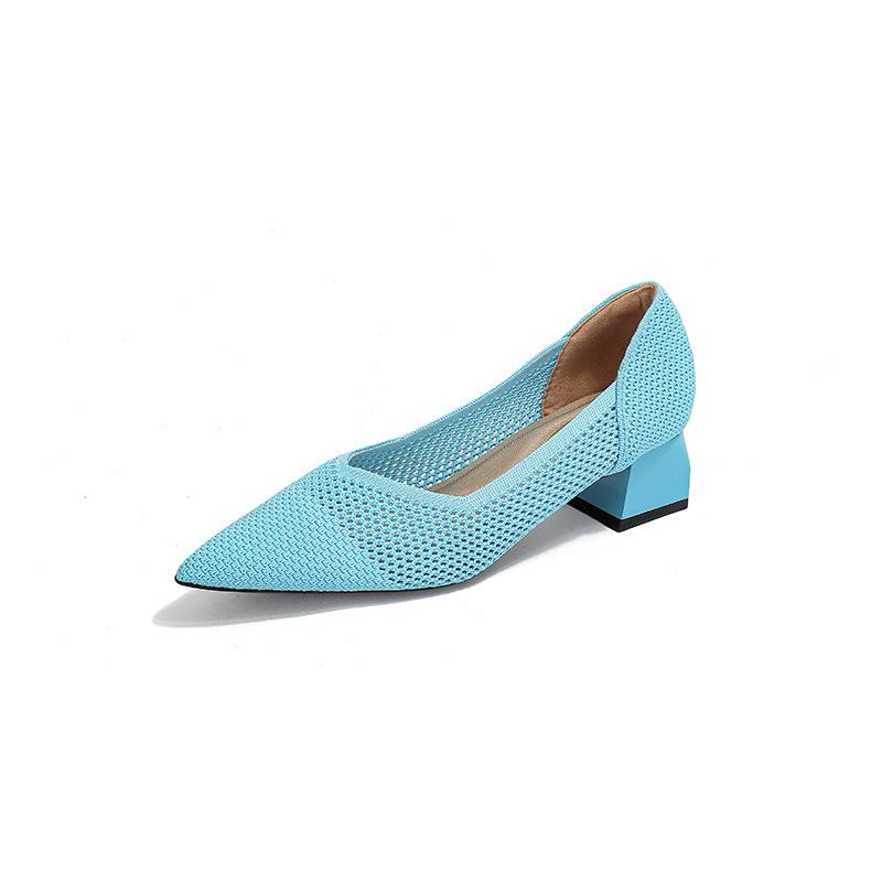 Spring and summer hollow flying knitting breathable knitting women's shoes pointed thick heel medium heel single shoes