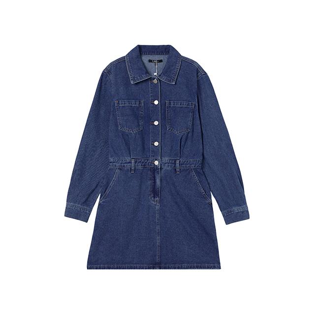 Rap Out-Pocket Shirt-Style Collar Denim Dress Aq1Do260
