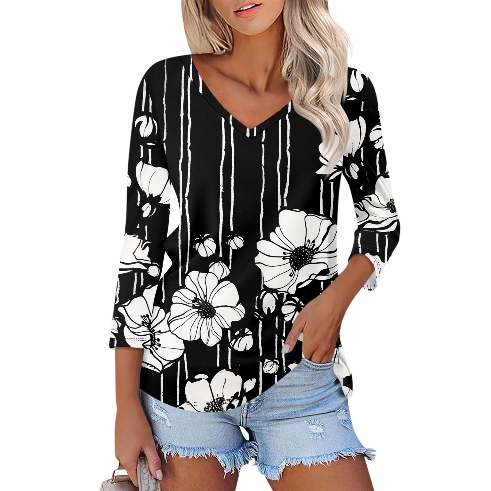 

Рубашка для женщин. Модная повседневная свободная футболка с v-образным вырезом и рукавами 3/4. Женский топ. XL