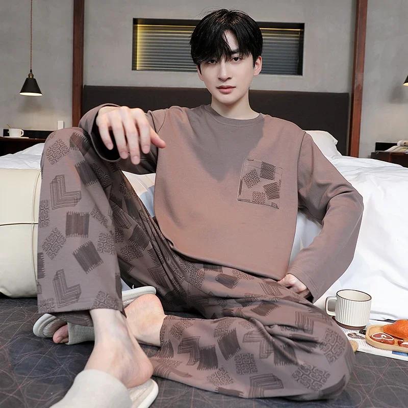 Baumwolle Herren Pullover Nachtwäsche Herbst Frühling Langarm Nachtwäsche 2 Stück Pyjamas Set Männlich