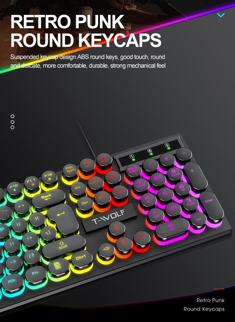 T-WOLF T80 Backlit Wired Gaming Keyboard – Silent Feel for PC & Laptop.