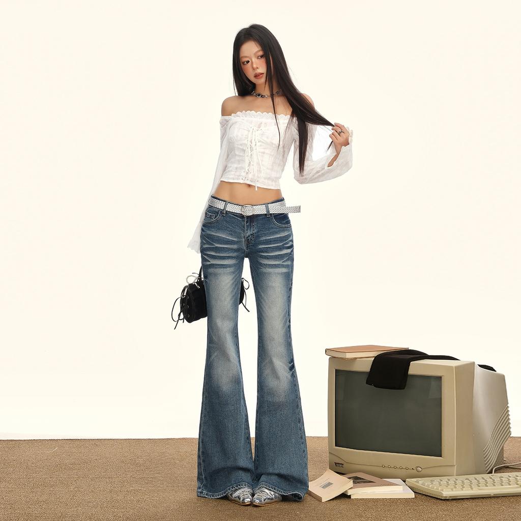 Retro washed low-rise slightly pulled jeans women's autumn and winter new elastic slim-fitting and thin versatile bell pants