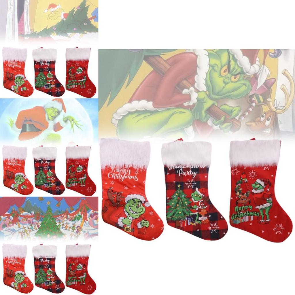 Plush Grinch Christmas Stocking Cozy Gift Bag For Kids Holiday Candy Holder