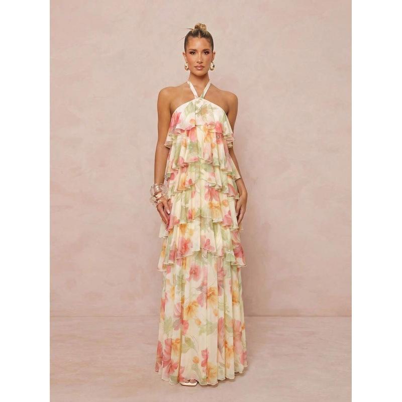 European floral printing multi-layer irregular ruffle edge tube top neck sling long dress XS цветочные печати