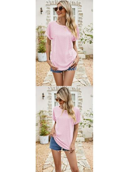 Women's Eyelet Summer Round Neck Short Sleeve Casual T-shirt