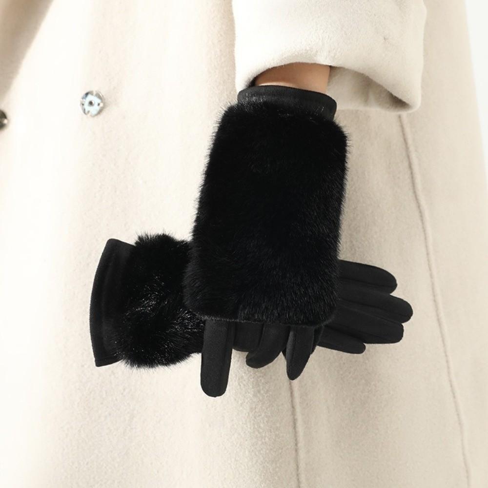 Thickened Suede Touch Screen Gloves Detachable Lining Riding Gloves Faux Fur Gloves for Women