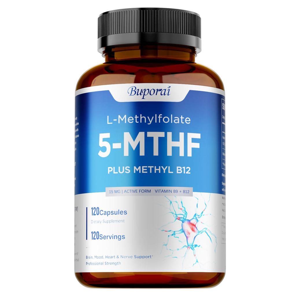 Buporui L-Methylfolat 5-MTHF Kapseln mit Methyl-B12, Aktives B-Vitamin-Nahrungsergänzungsmittel zur Unterstützung der Methylierung & des täglichen Wohlbefindens