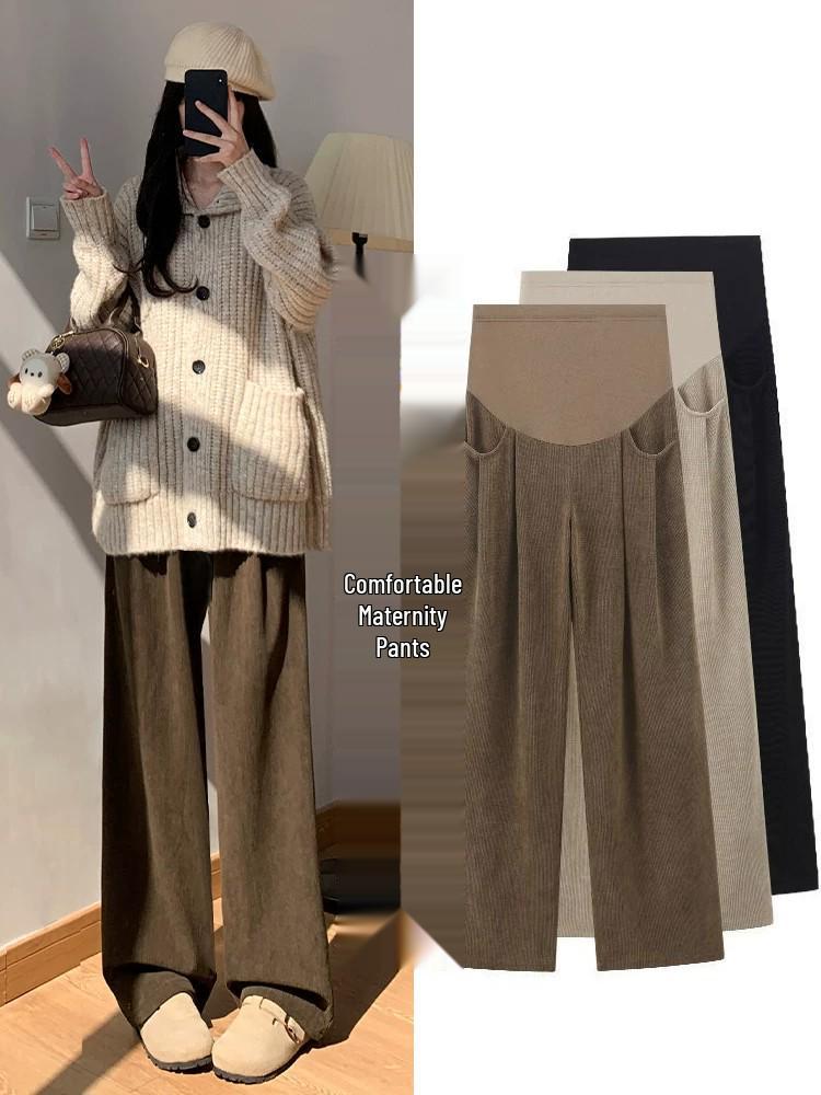 Plus Size Maternity Wide Leg Pants - Spring & Winter Velvet Casual Straight Leg Trousers