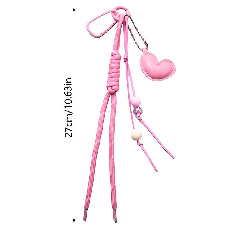 Colorful Hand Braided Rope Roman Knot Keychain Pendant Sweet Leather Heart Charm Bag  Hanging Ornaments Car Keyring Gifts