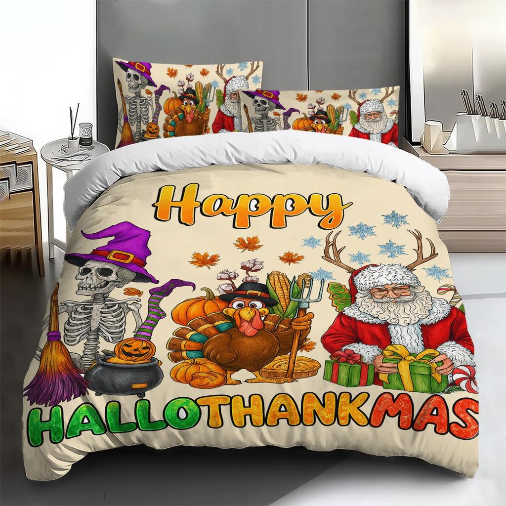 Duvet Cover Printed With Christmas Decoration Super Soft Brushed Microfiber Double Bed Comfortable Set With Zipper Closure And 2 Pillowcases