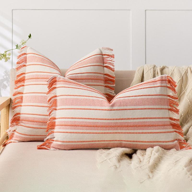 Spring Throw Pillow Covers Striped Pillow Covers with Tassel Boho Farmhouse Cushion Cover for Home Sofa Bed Living Room Decor