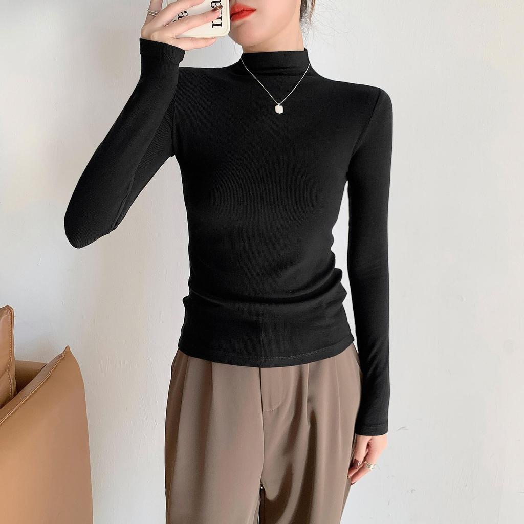 Women's Ribbed Half-High Collar Long-Sleeve Knitted Shirt for Autumn & Winter