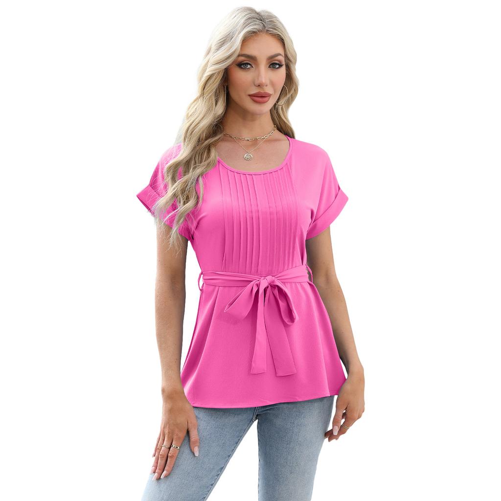 European and American Fashion Spring and Summer Casual Shirt Ruffled Round Neck Women's Short-sleeved Top