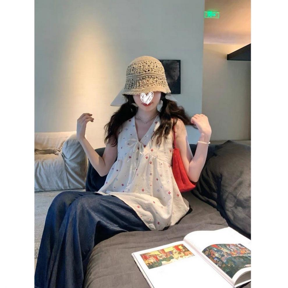 Summer Korean Sweet Princess Style Printed Versatile Design Women's V-Neck Sleeveless Top