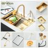 304 Stainless Steel Brushed Waterfall Kitchen Sink 4-Hole Large Single Slot Integrated Faucet Set Soap Dispenser/Pure Water/Cup