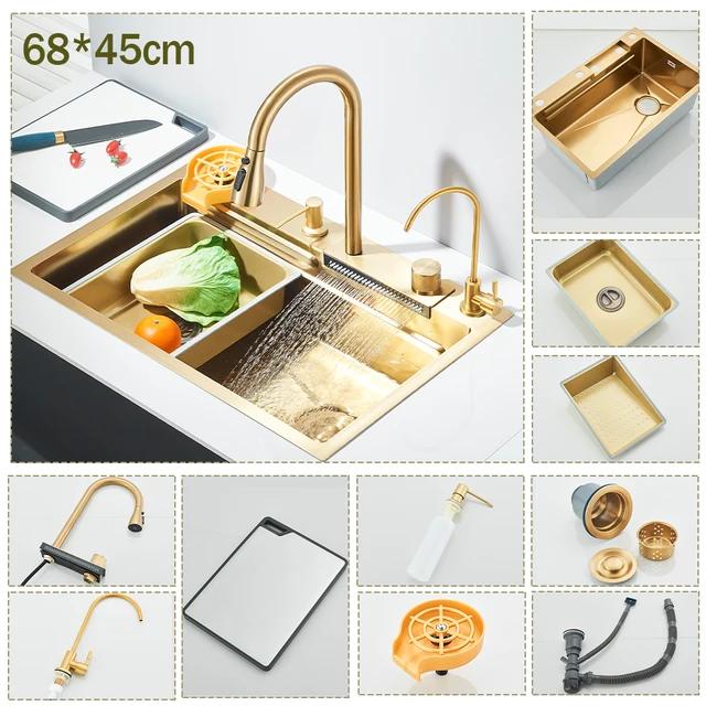 304 Stainless Steel Brushed Waterfall Kitchen Sink 4-Hole Large Single Slot Integrated Faucet Set Soap Dispenser/Pure Water/Cup