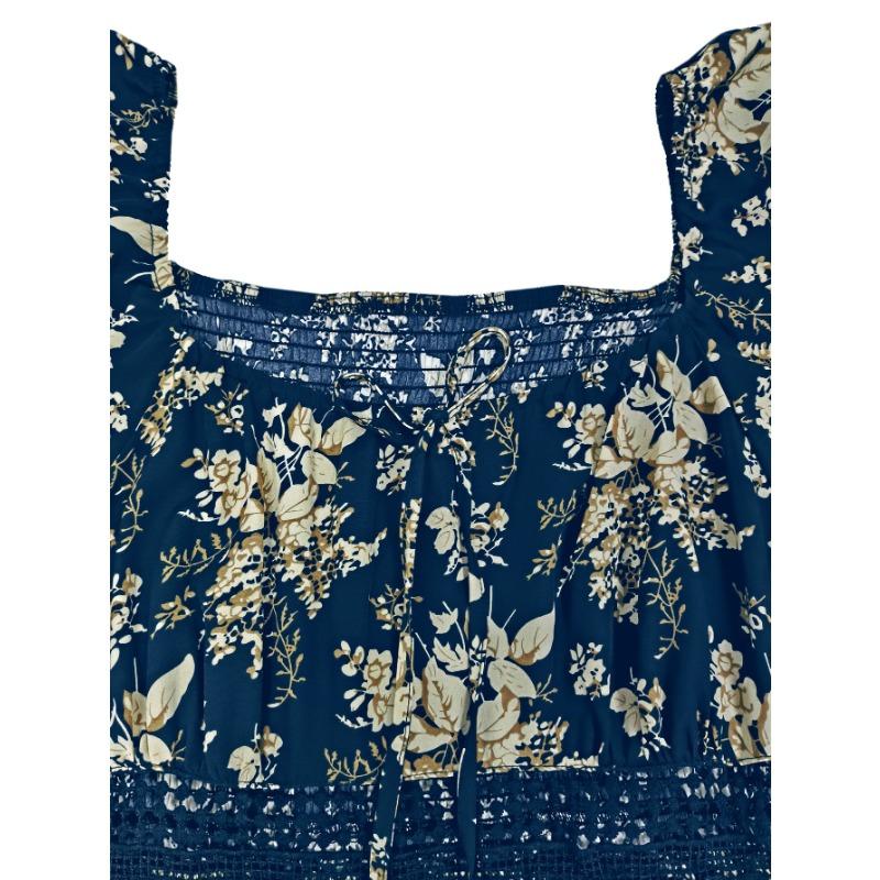 Maxi šaty plus size s vintage květinovým potiskem, čtvercovým výstřihem a krátkým rukávem