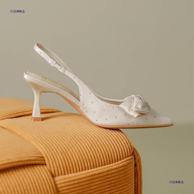 Rhinestone bow pointed head thin heel high heel single shoes women's word with temperament bag head sandals summer