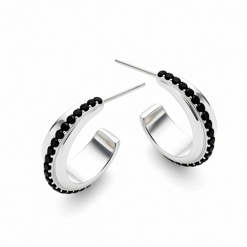 Black CZ Huggie Earrings On Copper Base Stud Ear