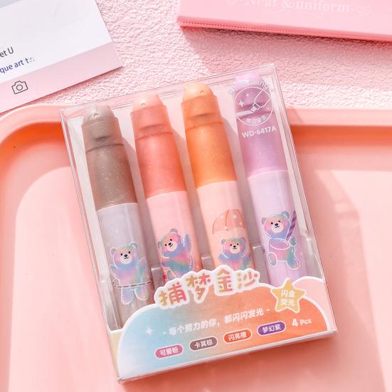 4Pcs Cute Bear Glitter Highlighter Set Large Capacity Pastel Markers for Journaling Notes Smooth Quick-Dry Fun School Supplies for Kids Students
