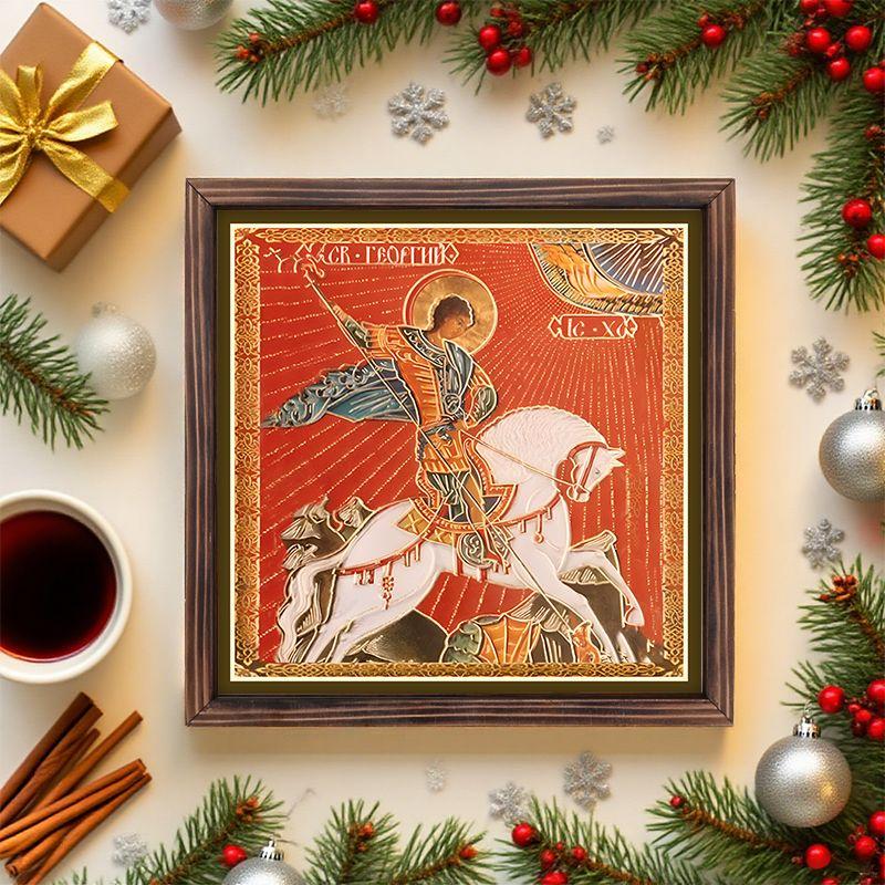 Pintura decorativa de iconos ortodoxos, Icono consagrado "San. Jorge el Victorioso a caballo",Pintura con marco,Arte Cristiano para Pared,20cm*20cm,regalo